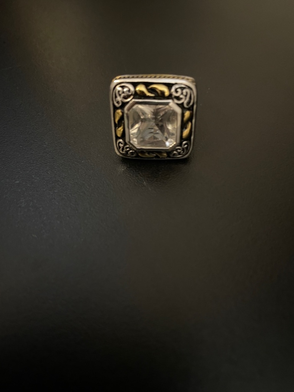 Square Clear Stone Statement Ring with Silver and Gold Accents
